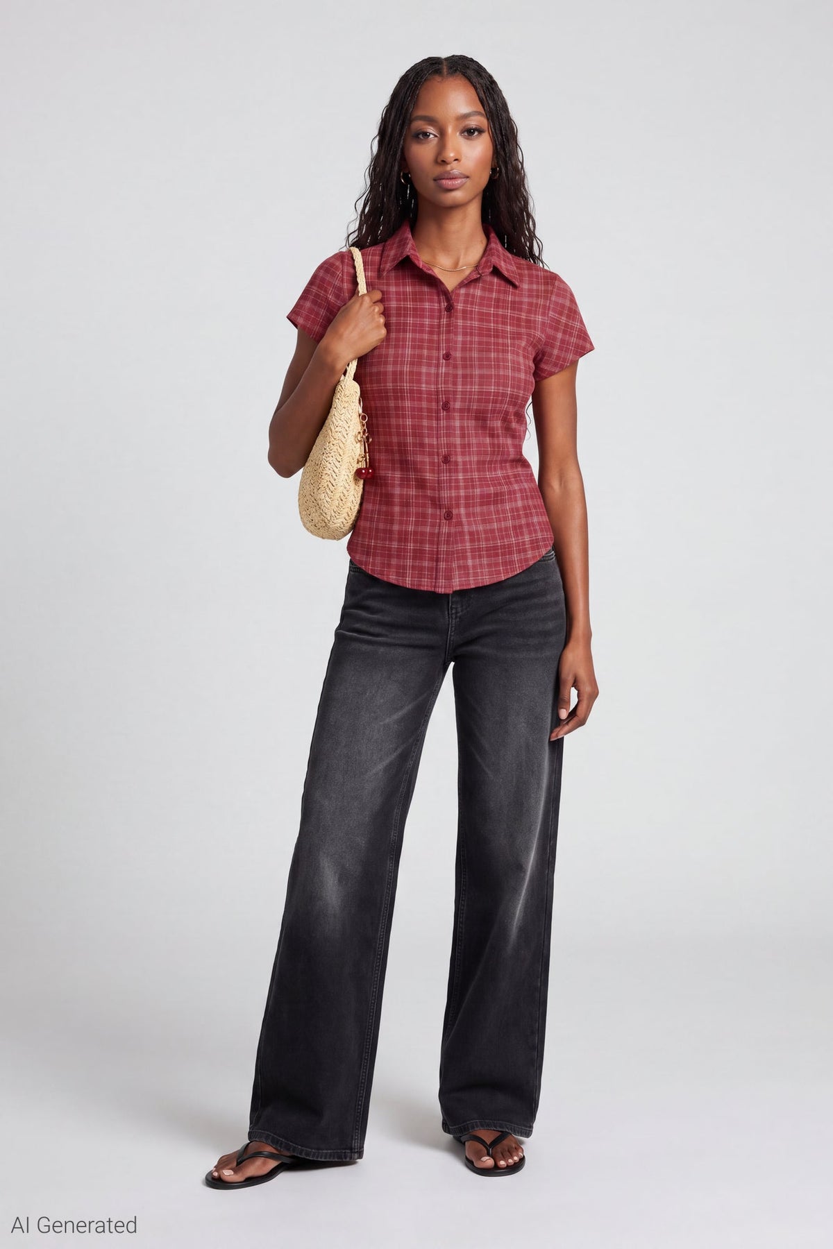 Plaid Flannel Short Sleeve Button-Up Top