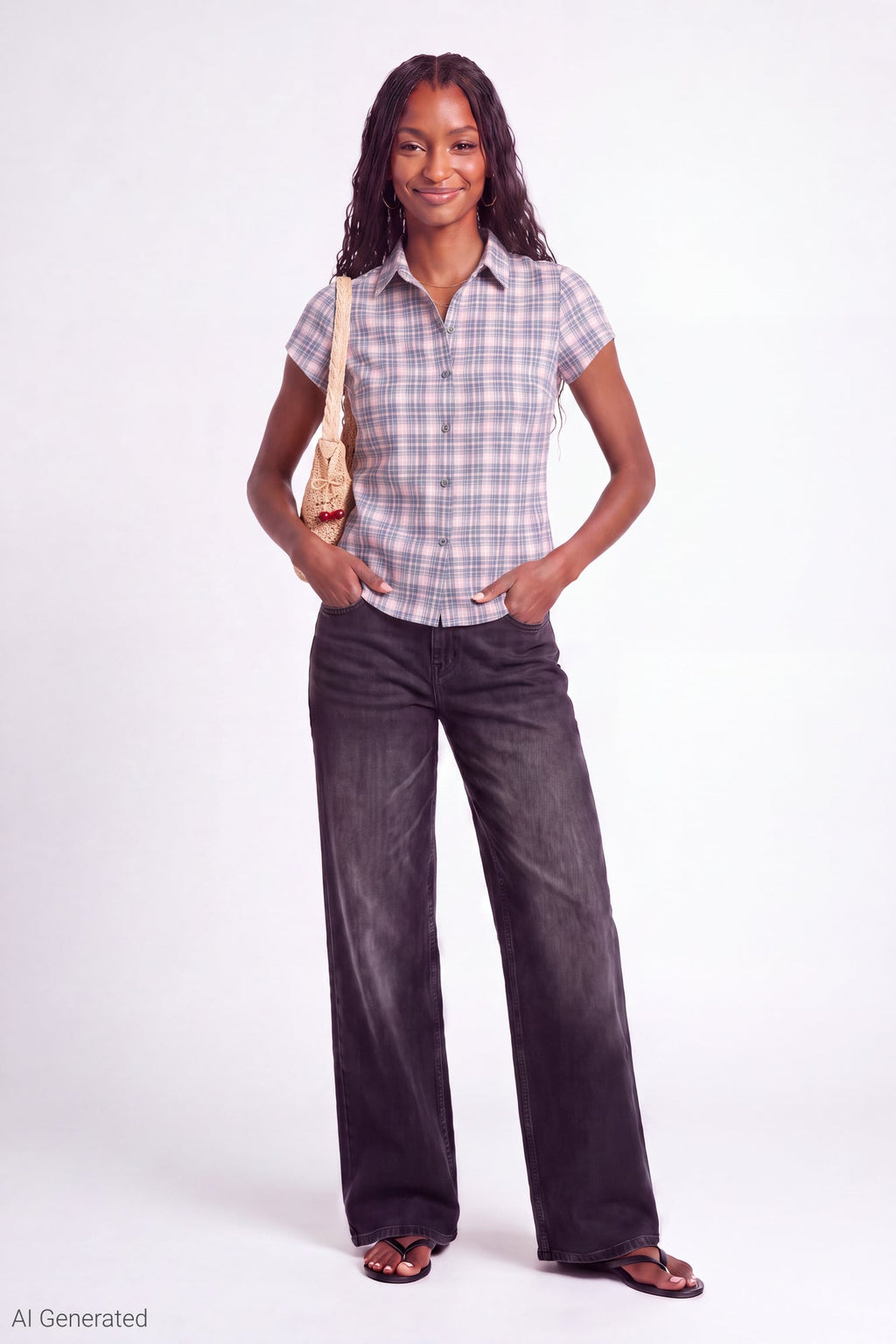 Plaid Flannel Short Sleeve Button-Up Top
