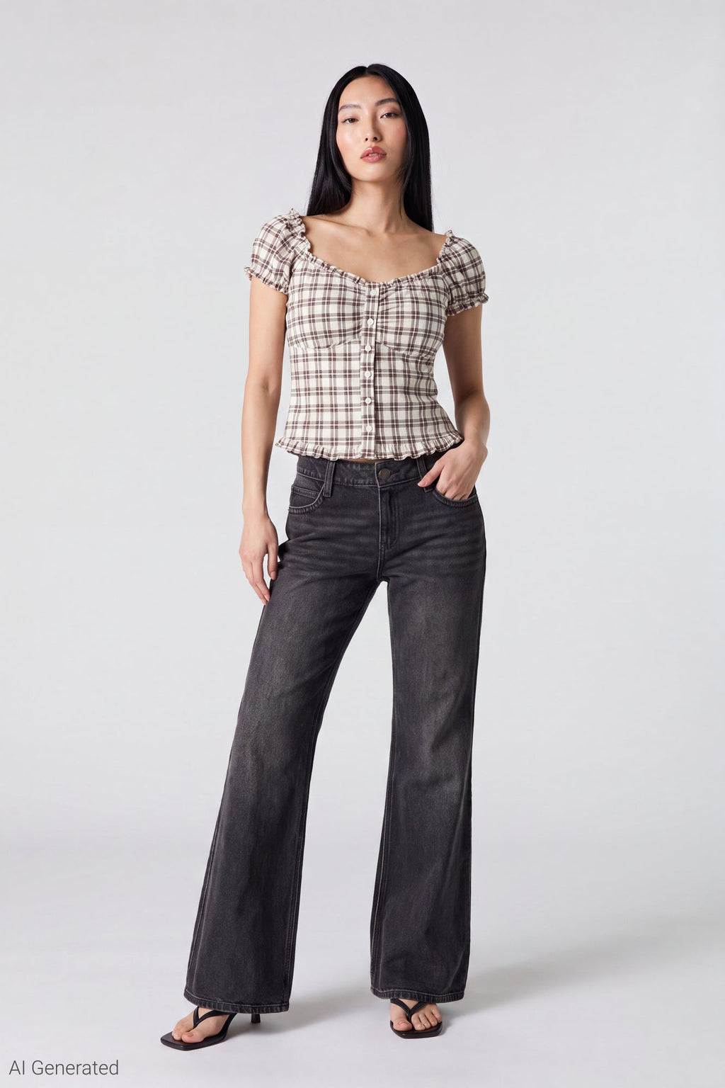 Plaid Button Front Puff Sleeve Top