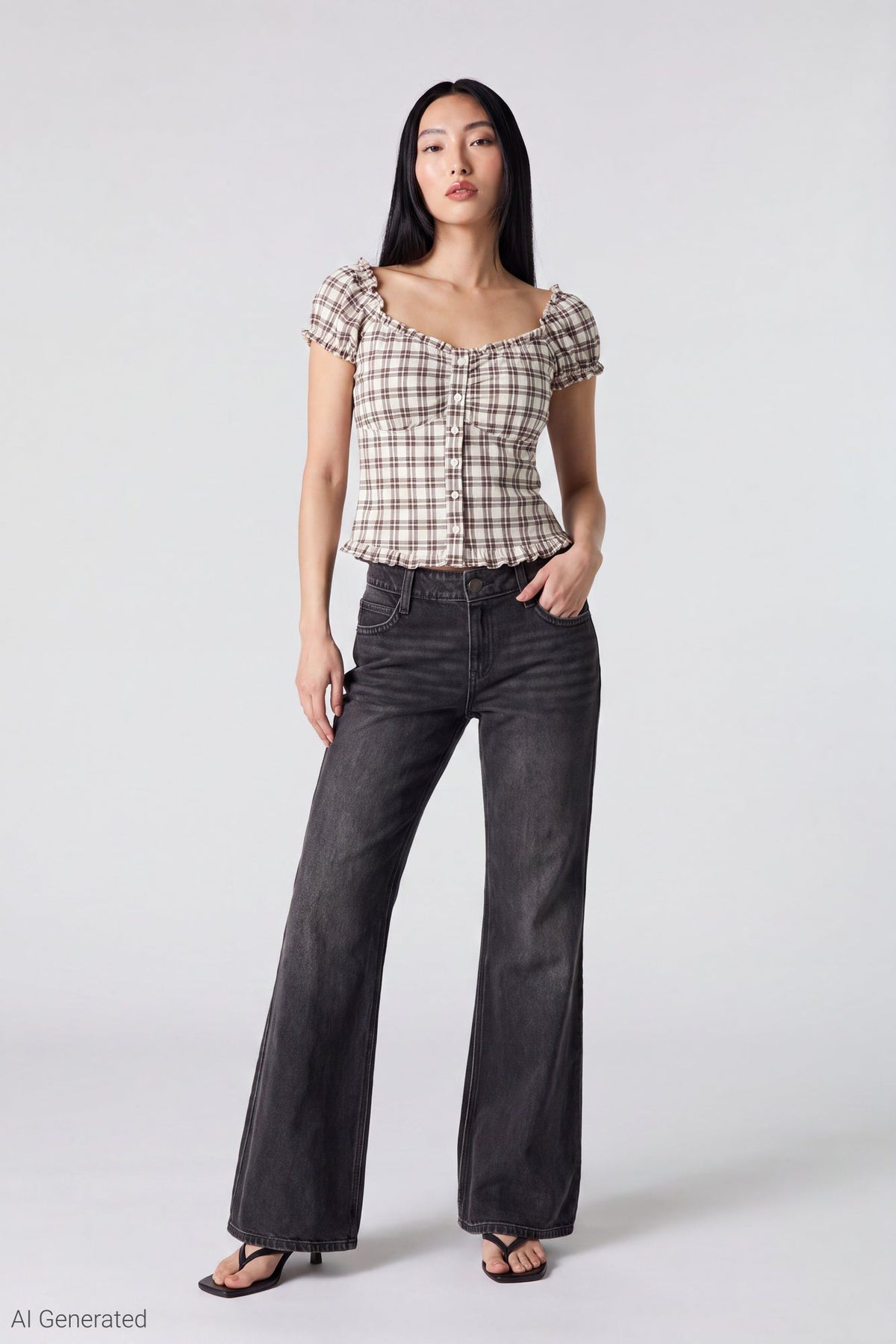 Plaid Button Front Puff Sleeve Top