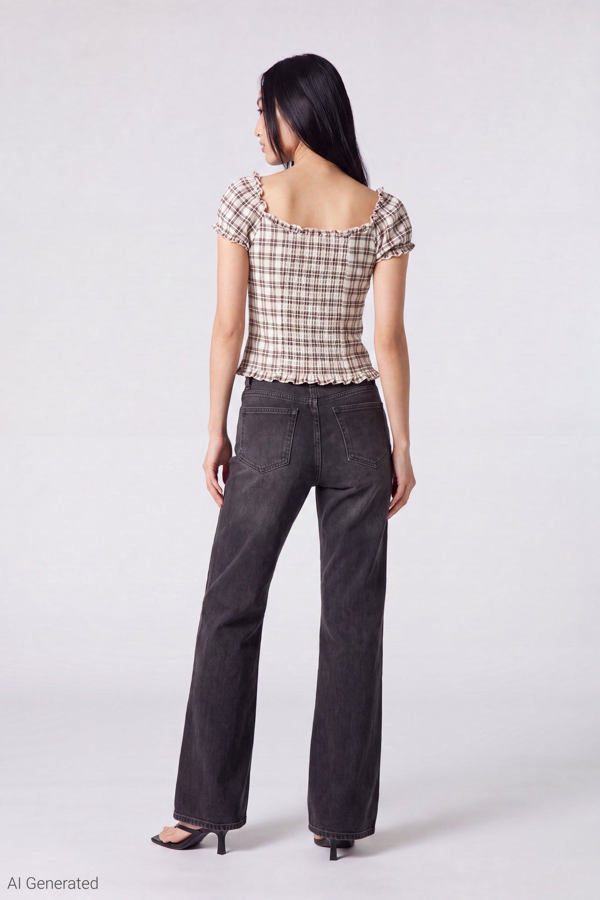 Plaid Button Front Puff Sleeve Top