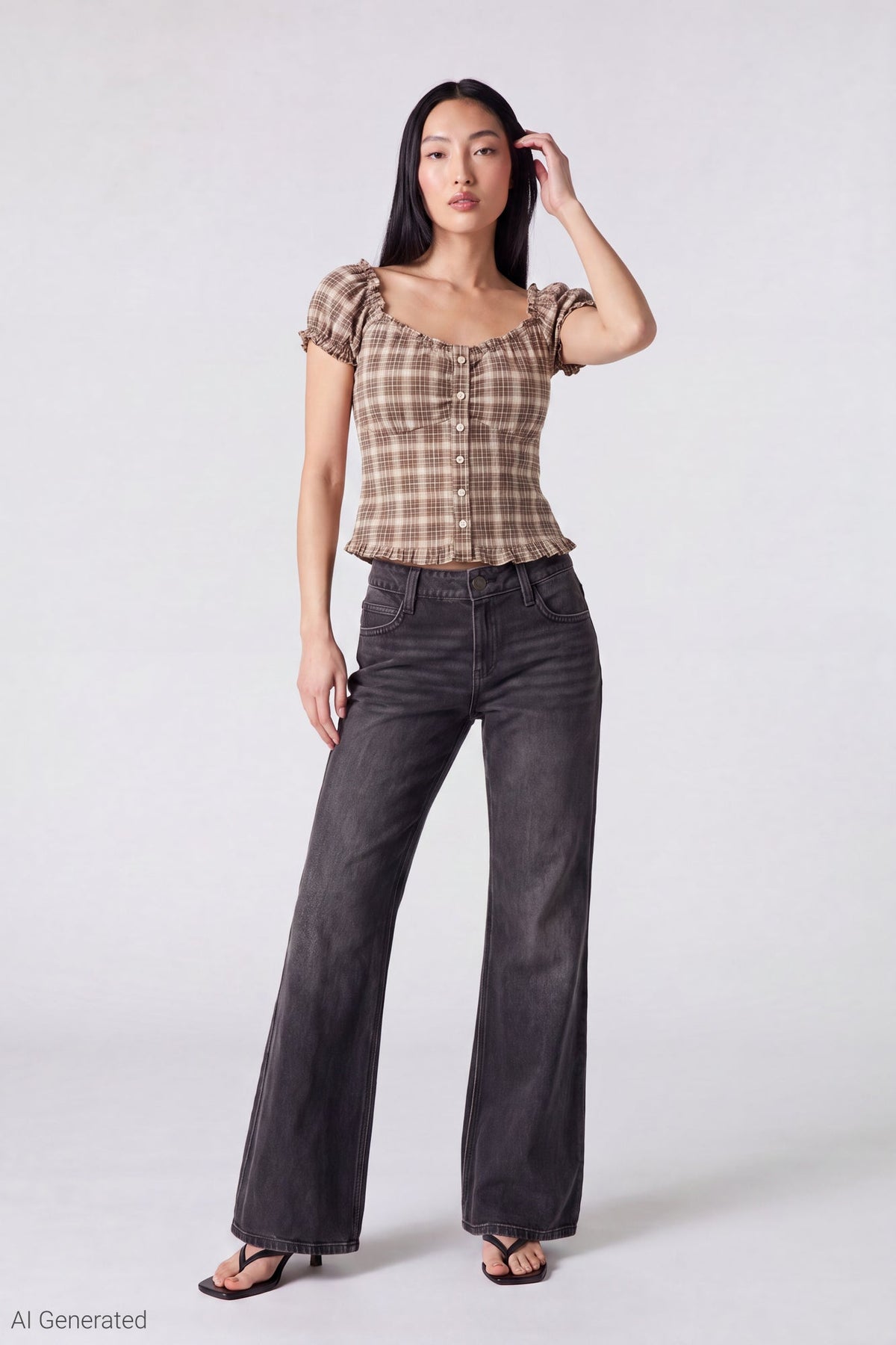 Plaid Button Front Puff Sleeve Top