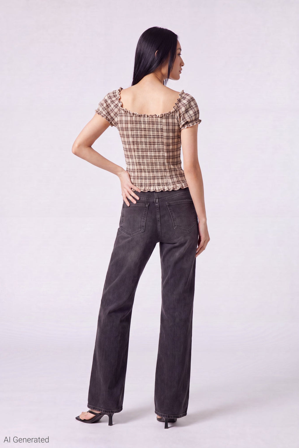 Plaid Button Front Puff Sleeve Top