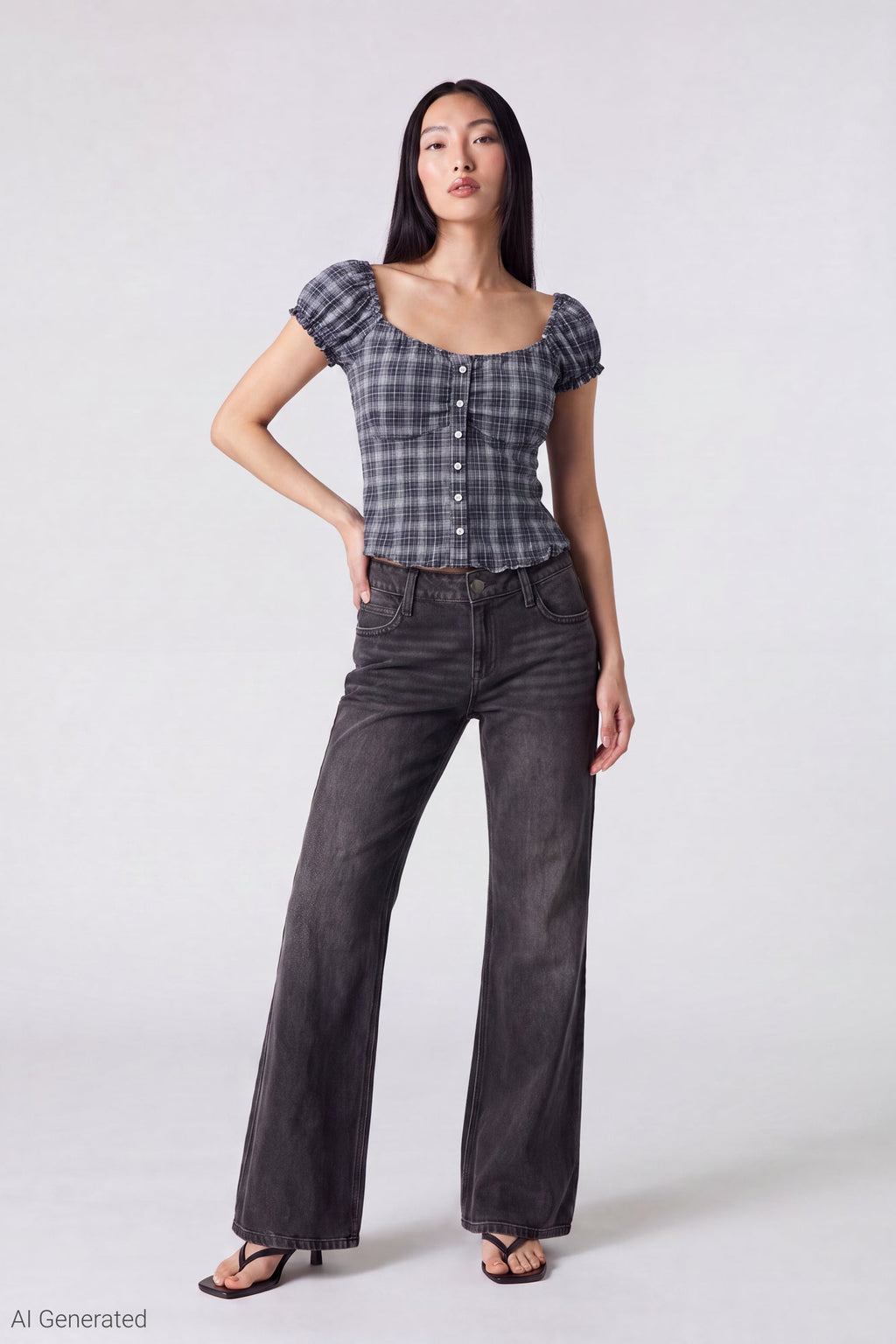 Plaid Button Front Puff Sleeve Top