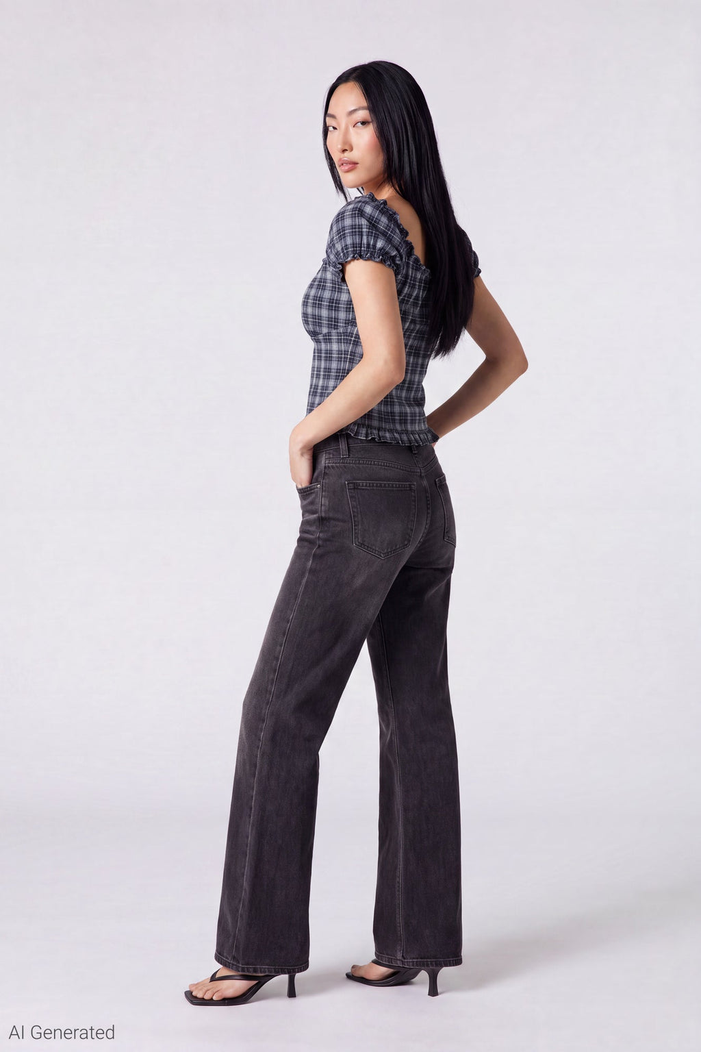 Plaid Button Front Puff Sleeve Top
