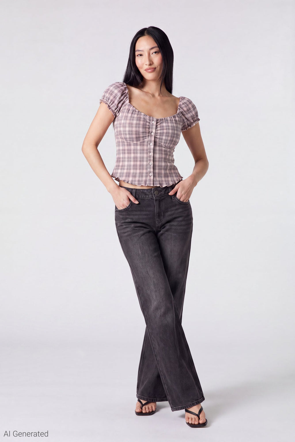 Plaid Button Front Puff Sleeve Top