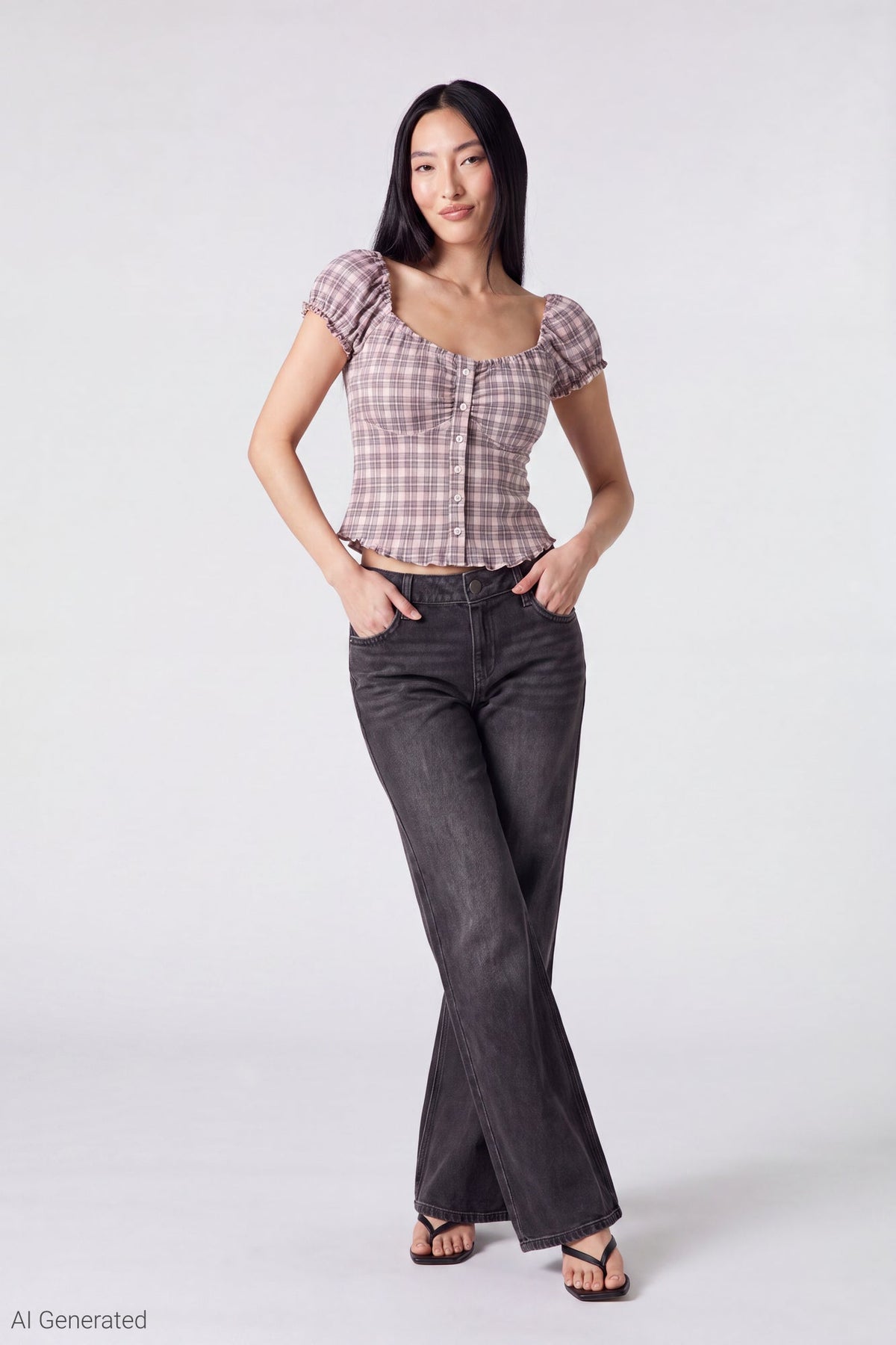 Plaid Button Front Puff Sleeve Top