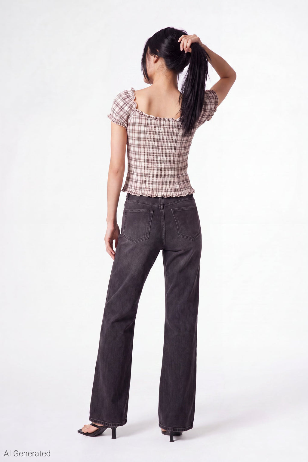 Plaid Button Front Puff Sleeve Top