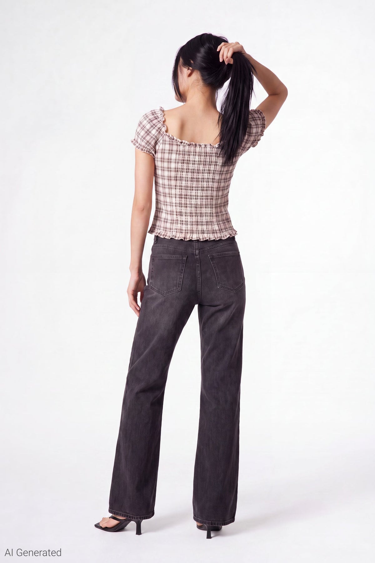 Plaid Button Front Puff Sleeve Top