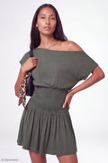 Off Shoulder Smocked Waist Mini Dress