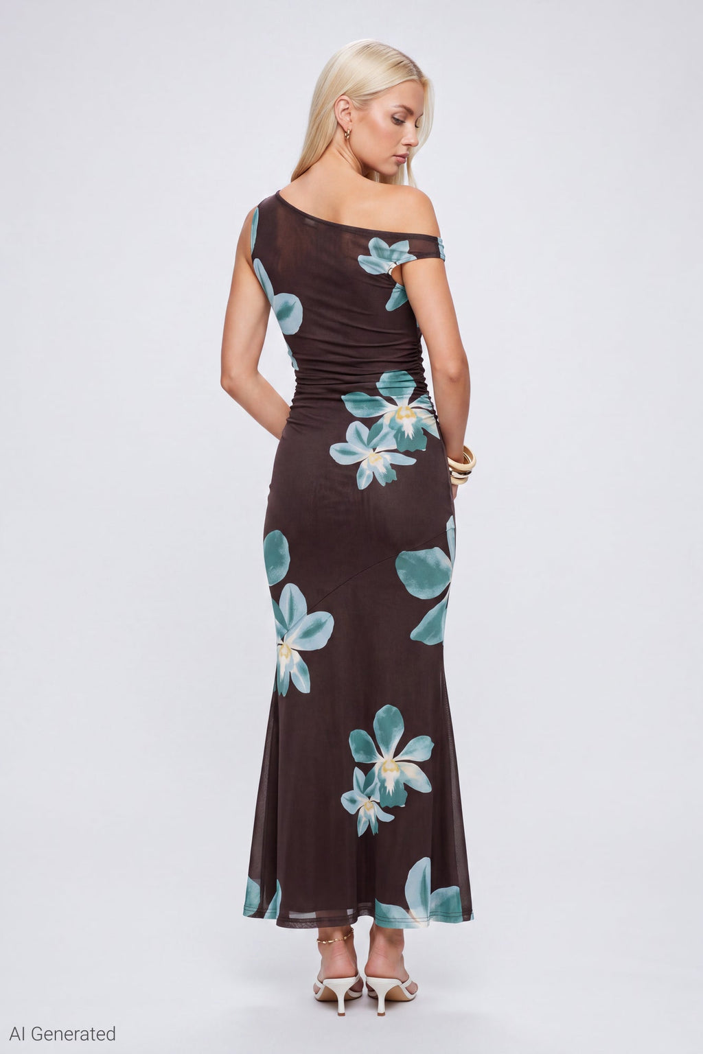 Mesh Printed Off Shoulder Midi Dress