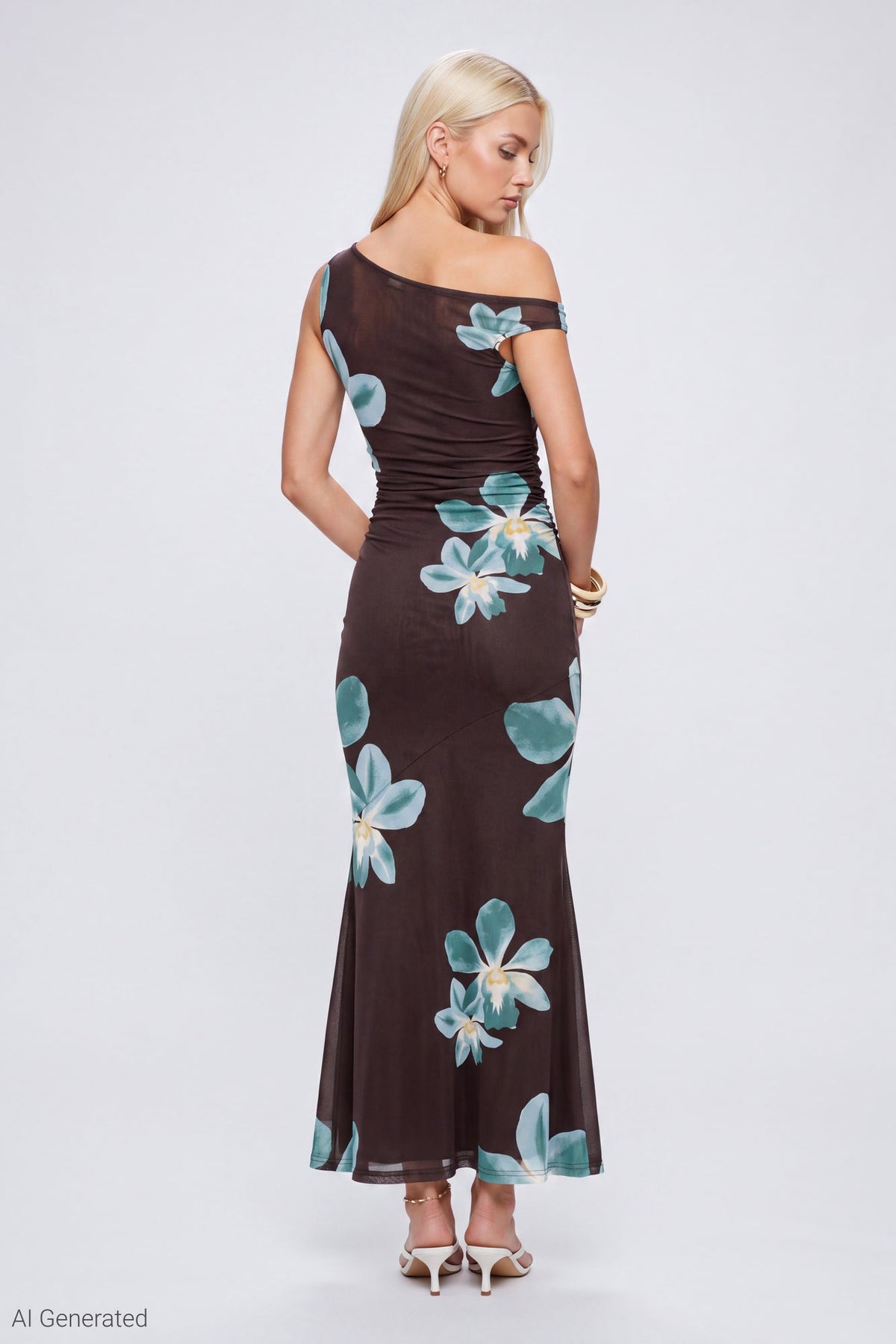 Mesh Printed Off Shoulder Midi Dress
