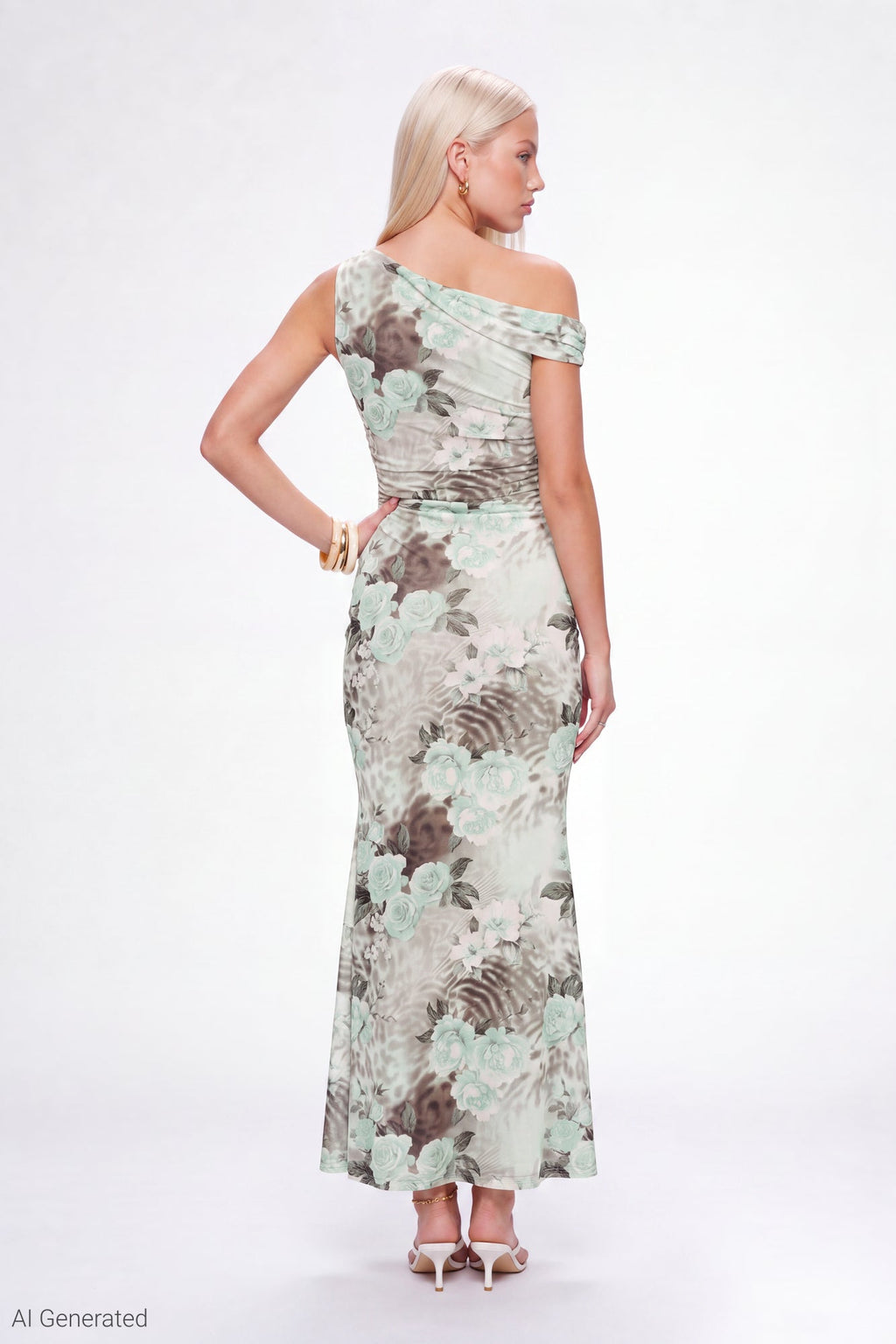 Mesh Printed Off Shoulder Midi Dress
