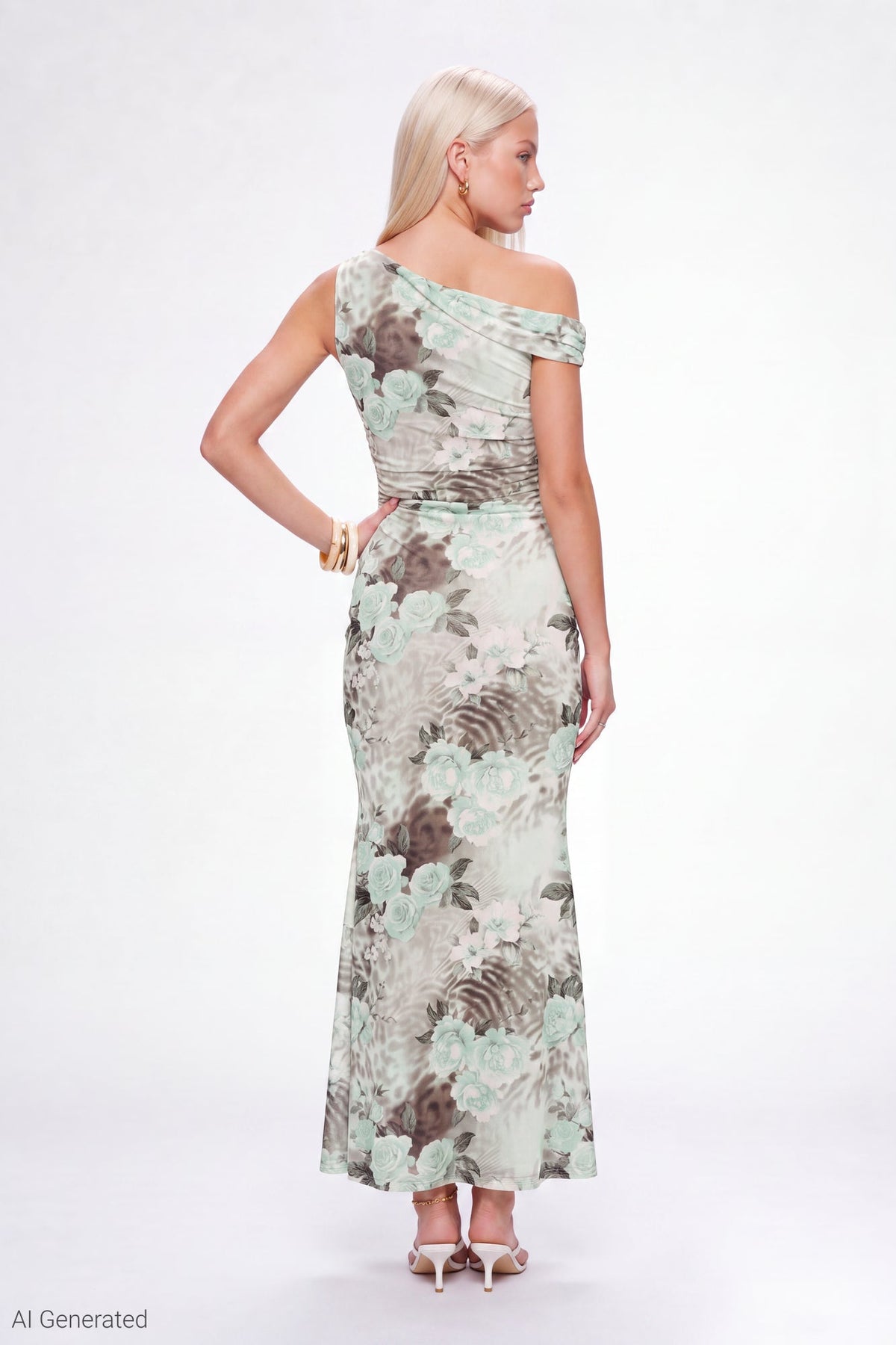 Mesh Printed Off Shoulder Midi Dress