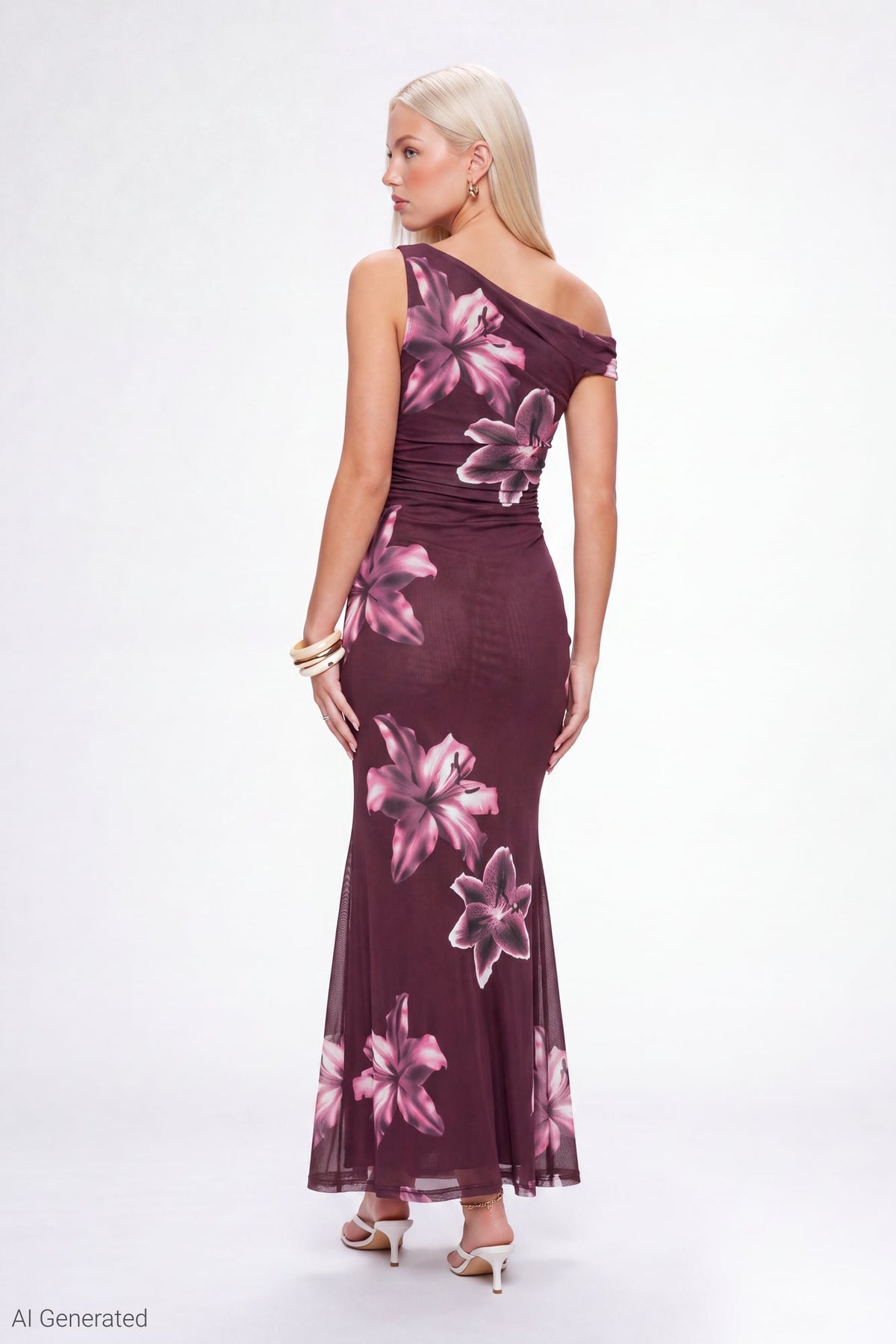 Mesh Printed Off Shoulder Midi Dress
