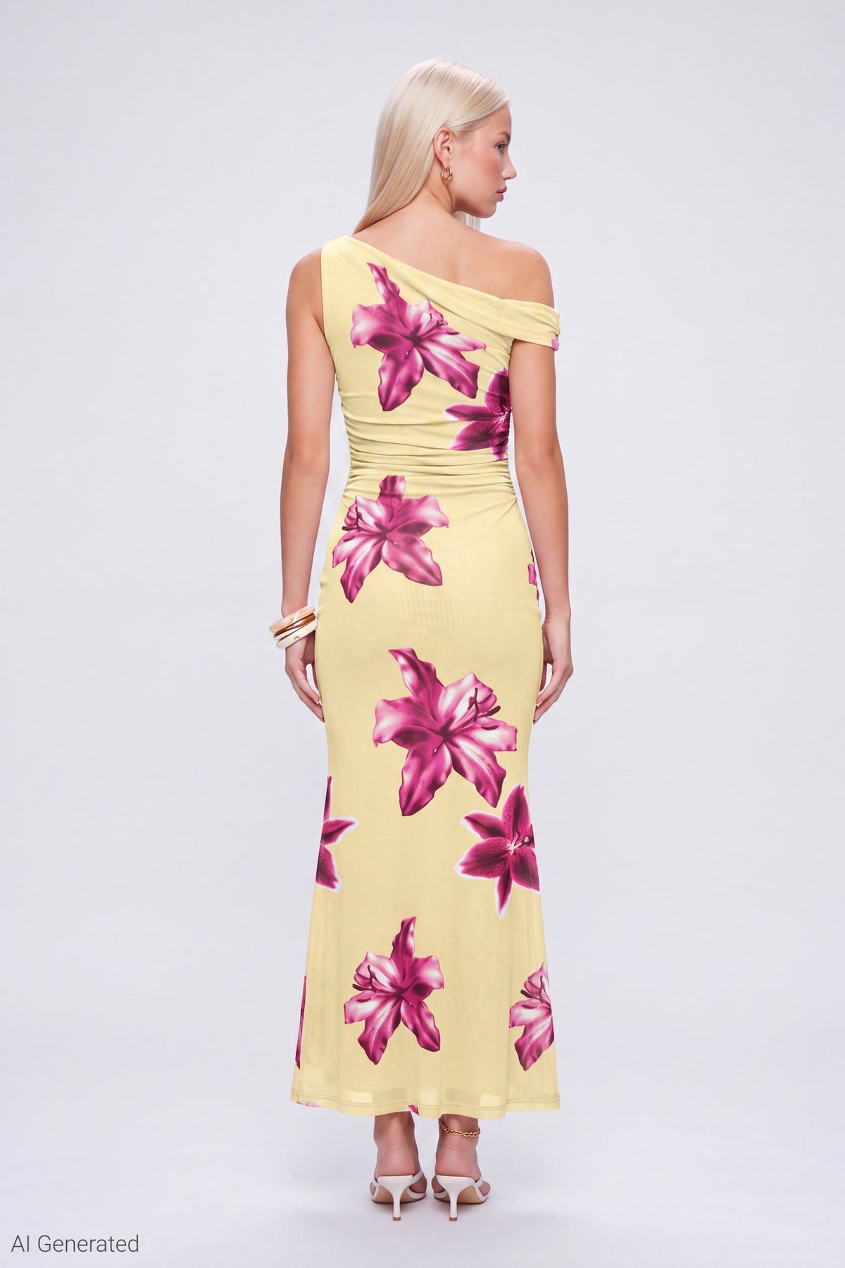 Mesh Printed Off Shoulder Midi Dress