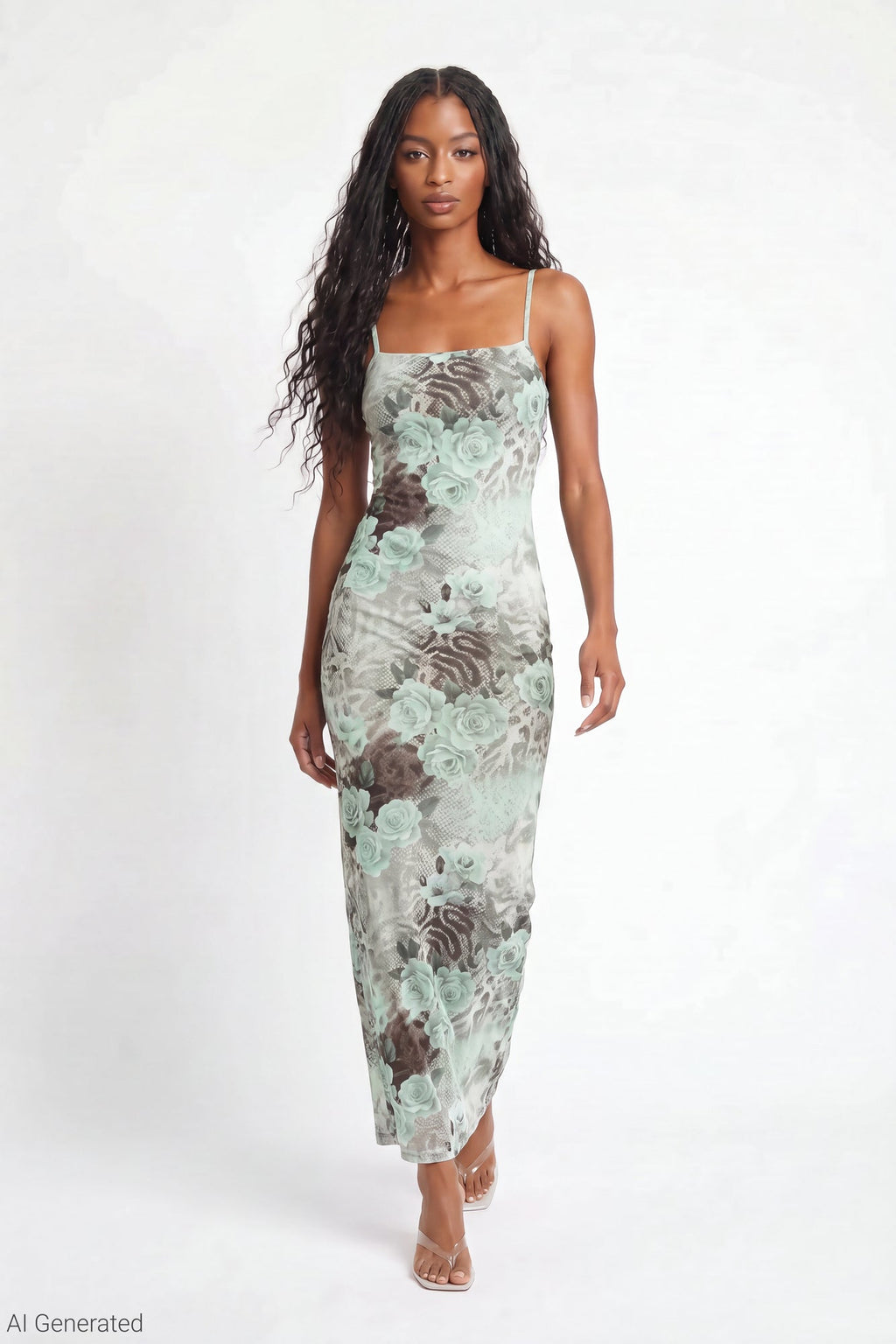 Printed Mesh Maxi Dress
