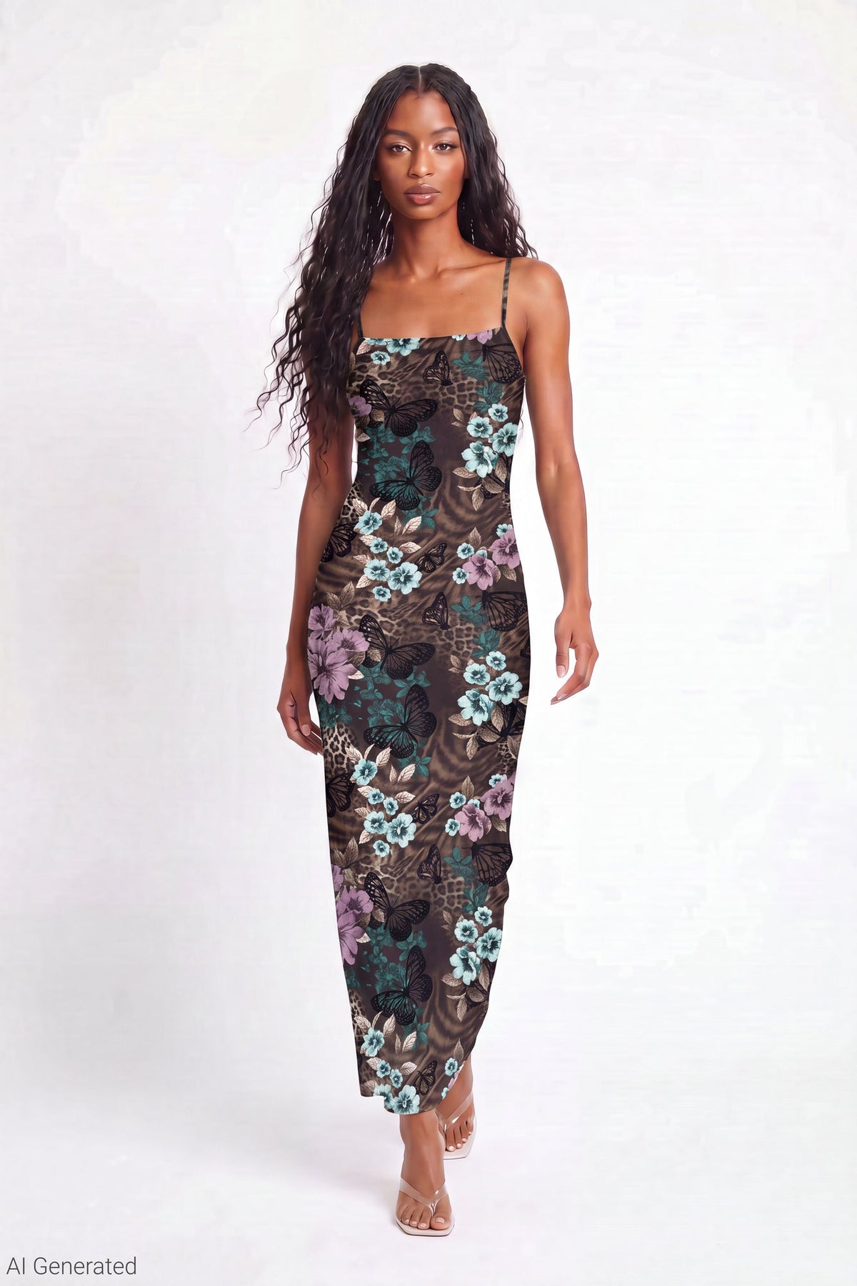 Printed Mesh Maxi Dress