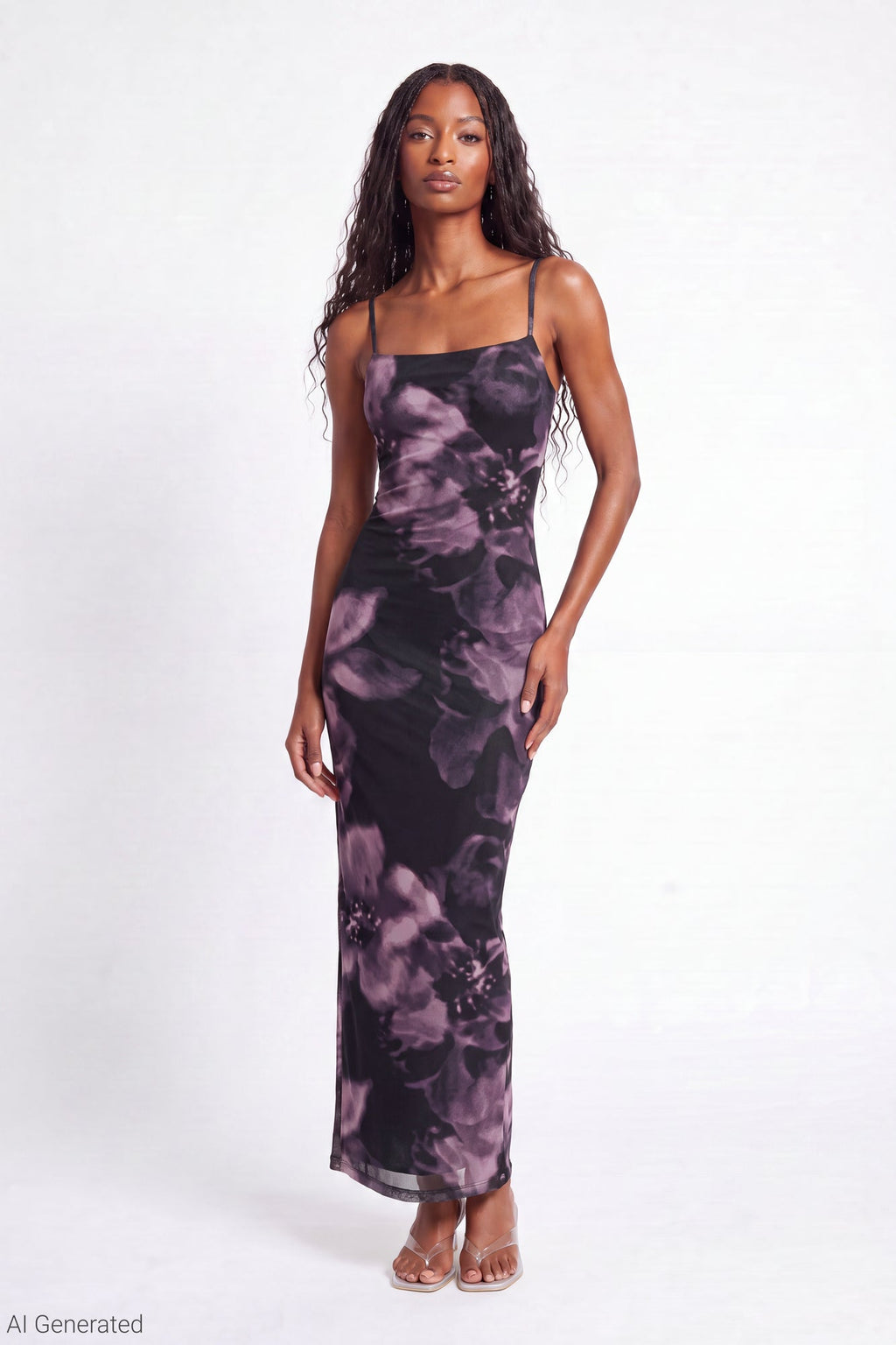 Printed Mesh Maxi Dress