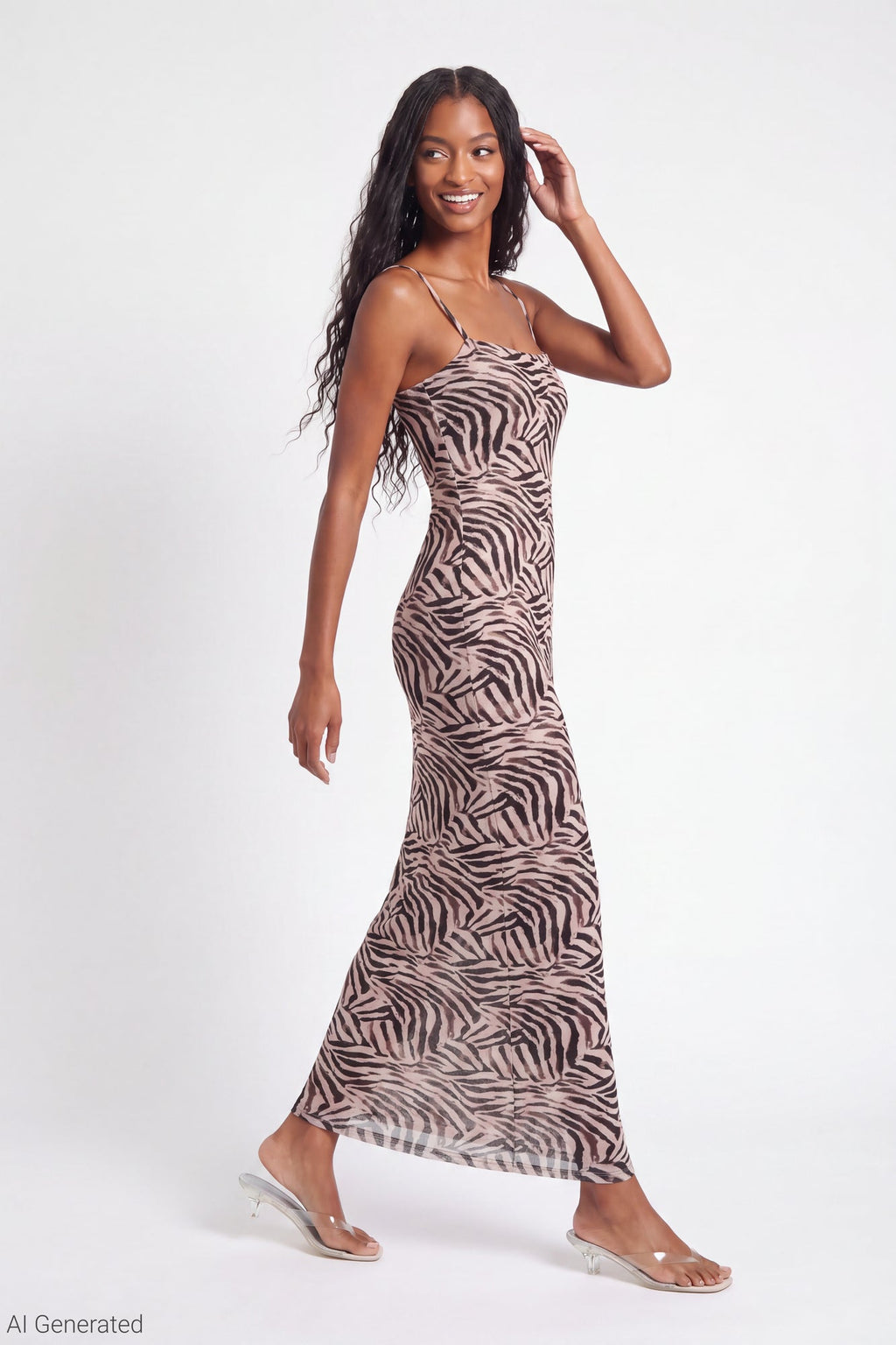 Printed Mesh Maxi Dress