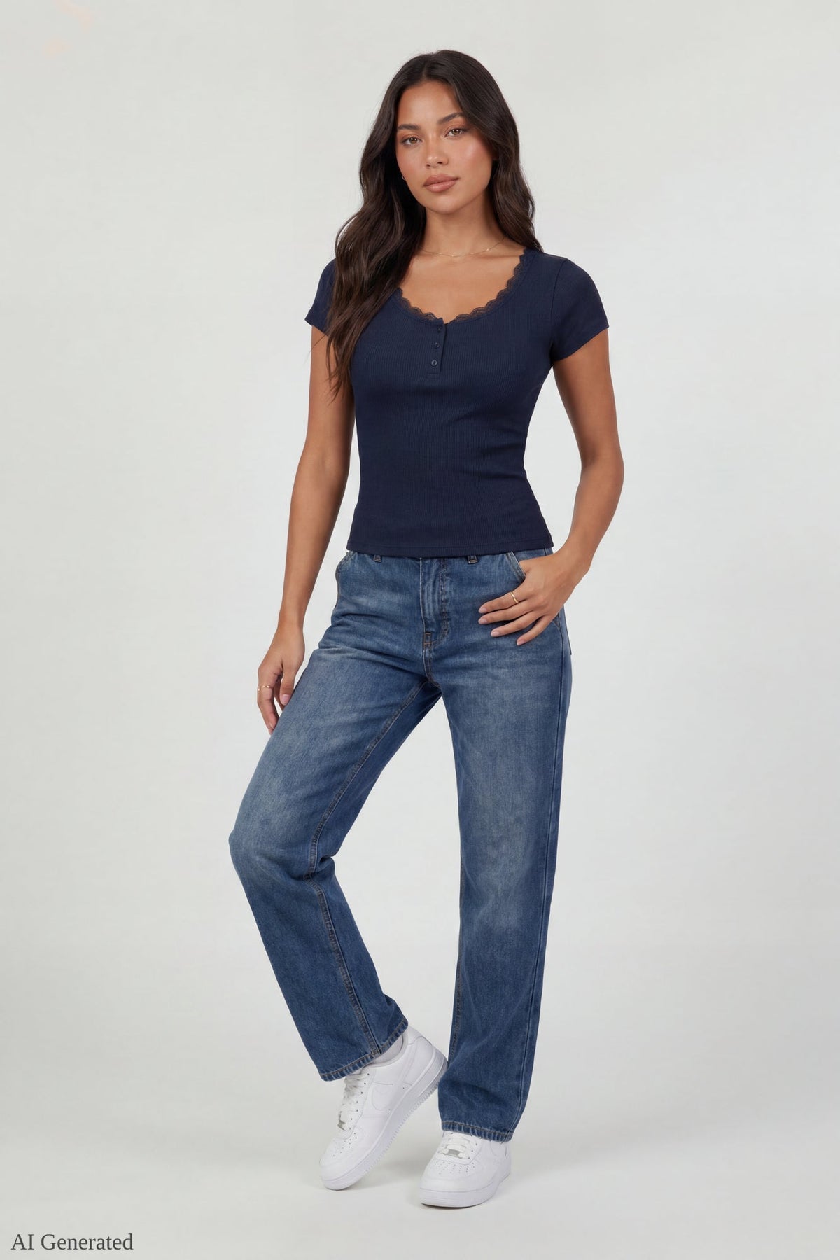 Ribbed Lace Trim Short Sleeve Top
