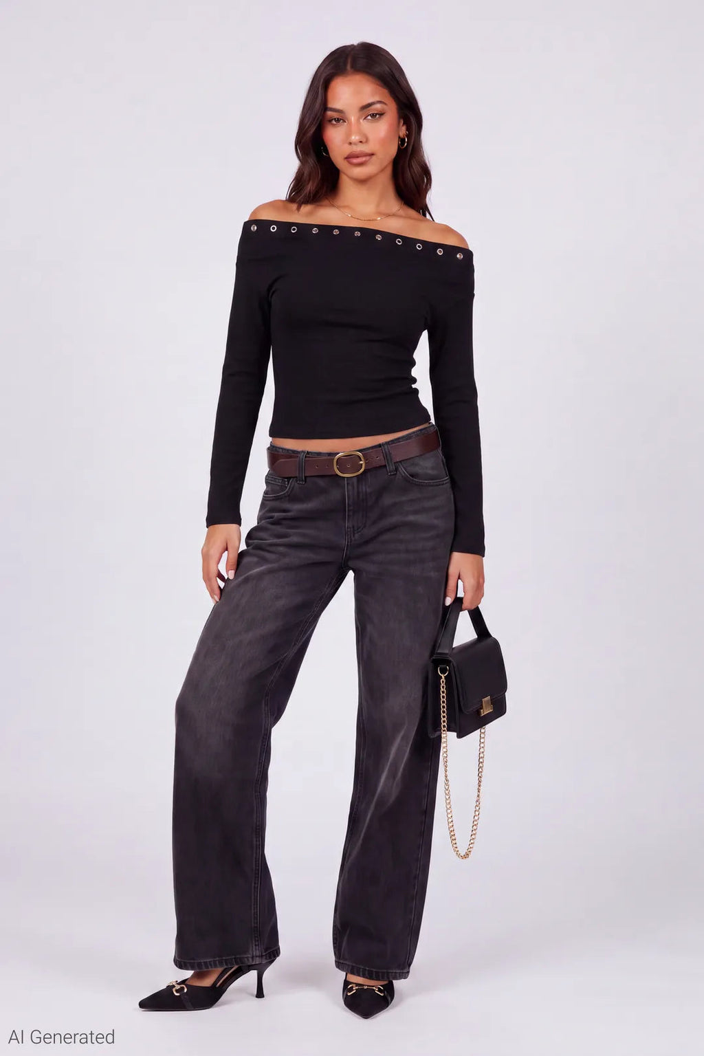 Studded Off Shoulder Long Sleeve Top