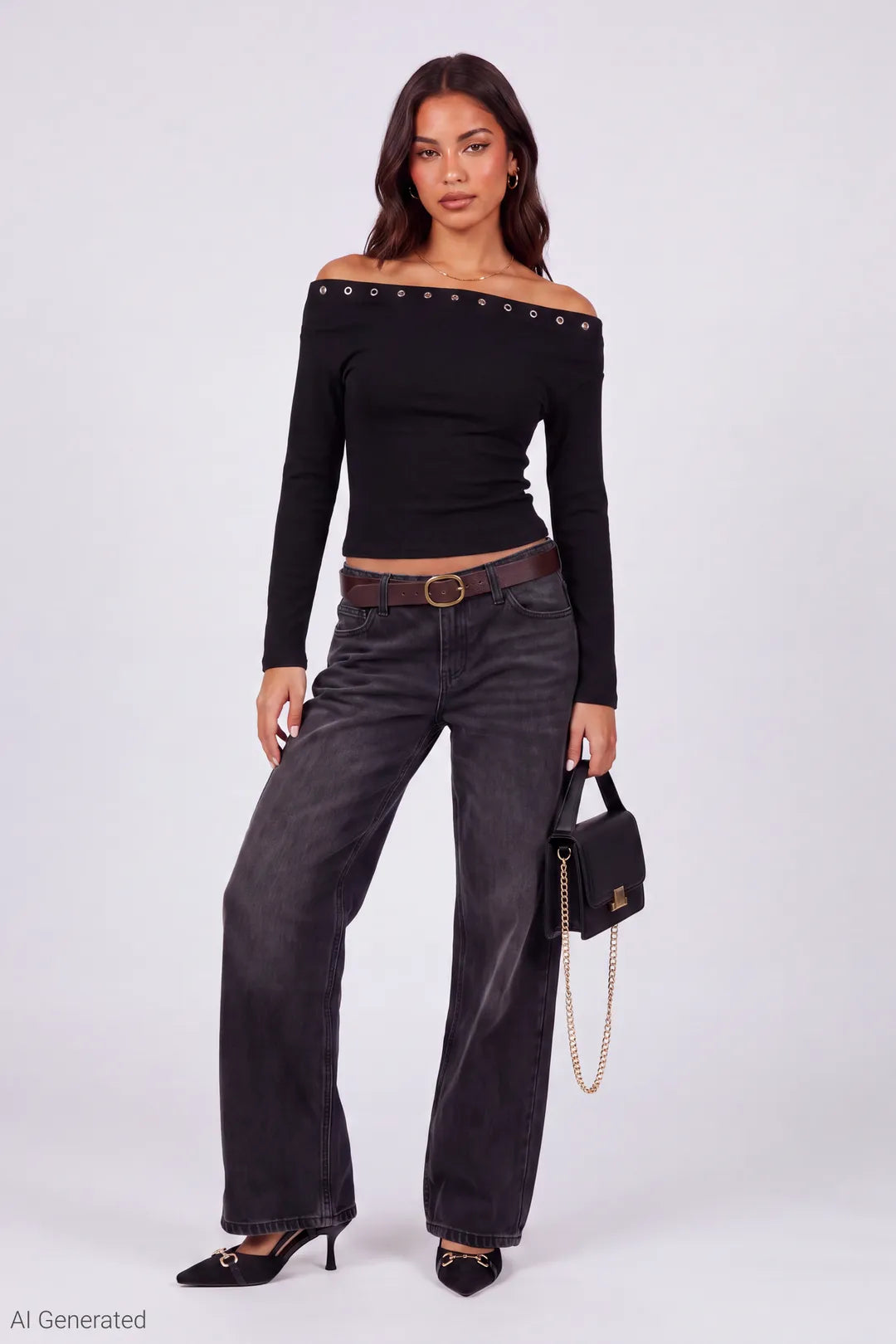 Studded Off Shoulder Long Sleeve Top