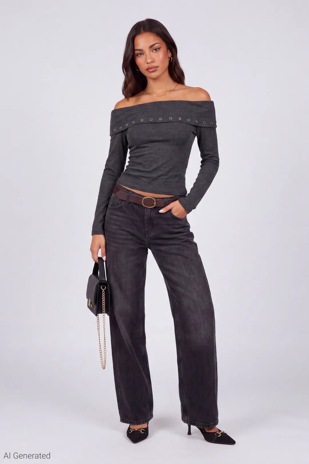 Studded Off Shoulder Long Sleeve Top