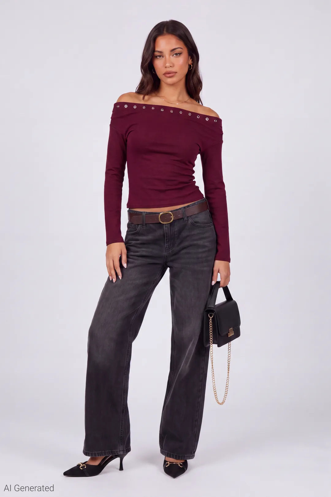 Studded Off Shoulder Long Sleeve Top