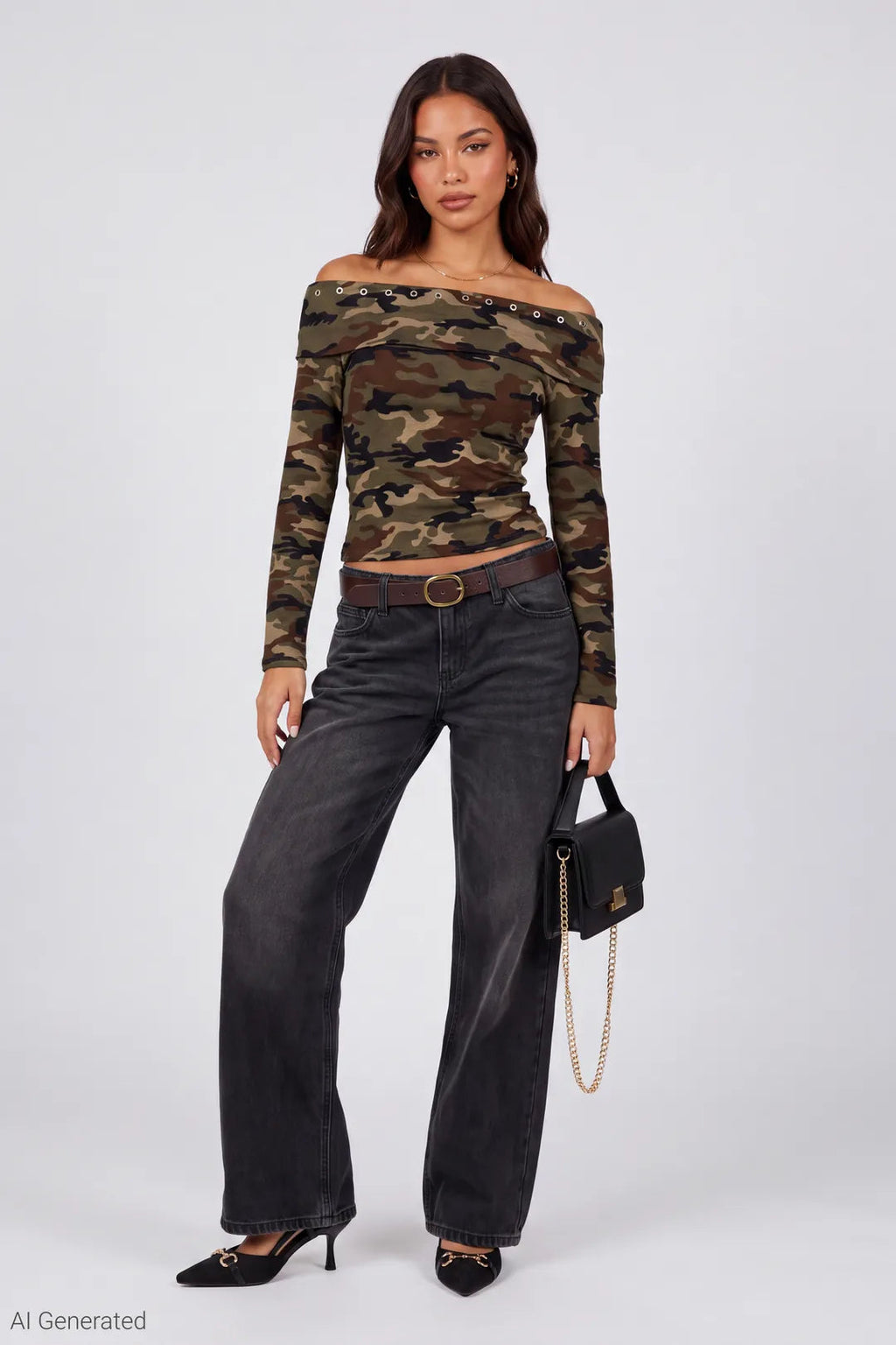 Studded Off Shoulder Long Sleeve Top