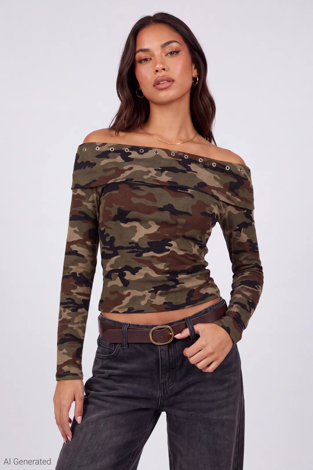 Studded Off Shoulder Long Sleeve Top