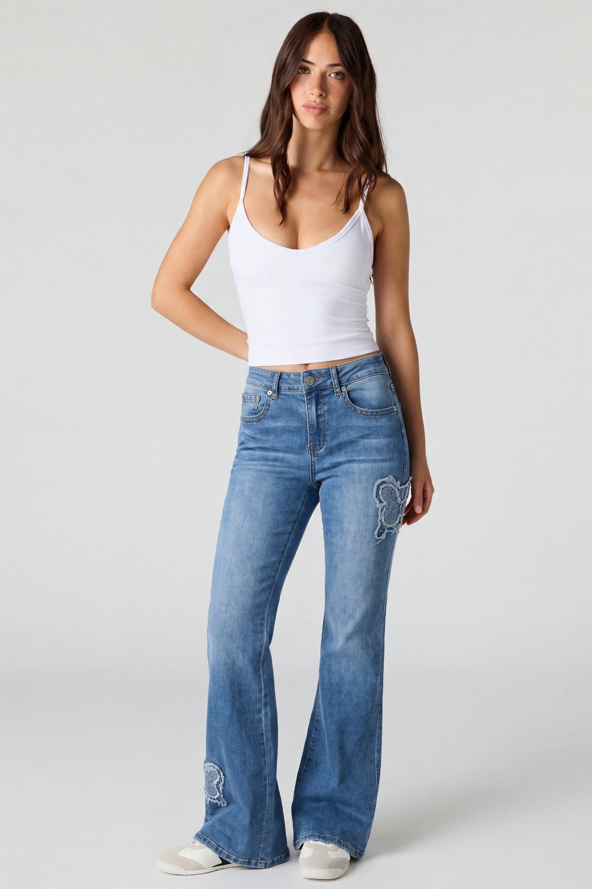 Stretch High Rise Butterfly Patch Flare Jean 22"
