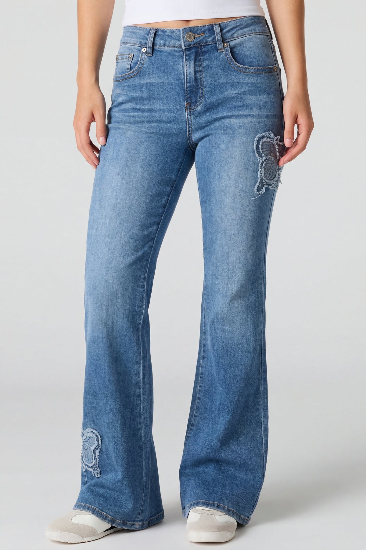 Stretch High Rise Butterfly Patch Flare Jean 22"
