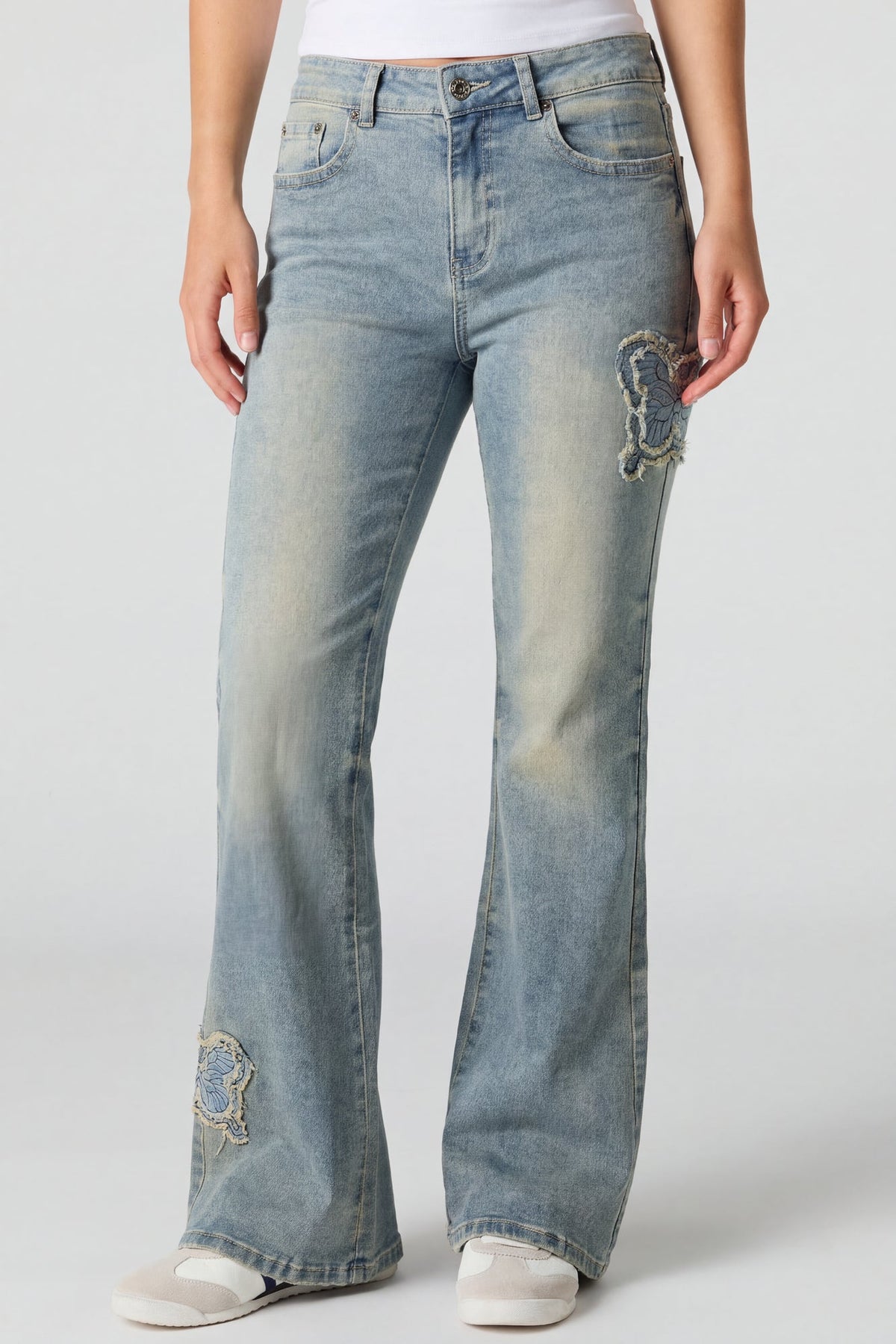 Stretch High Rise Butterfly Patch Flare Jean 22"