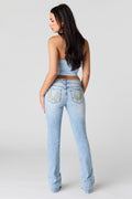 Stretch Low Rise Embroidered Pocket Flare Jean