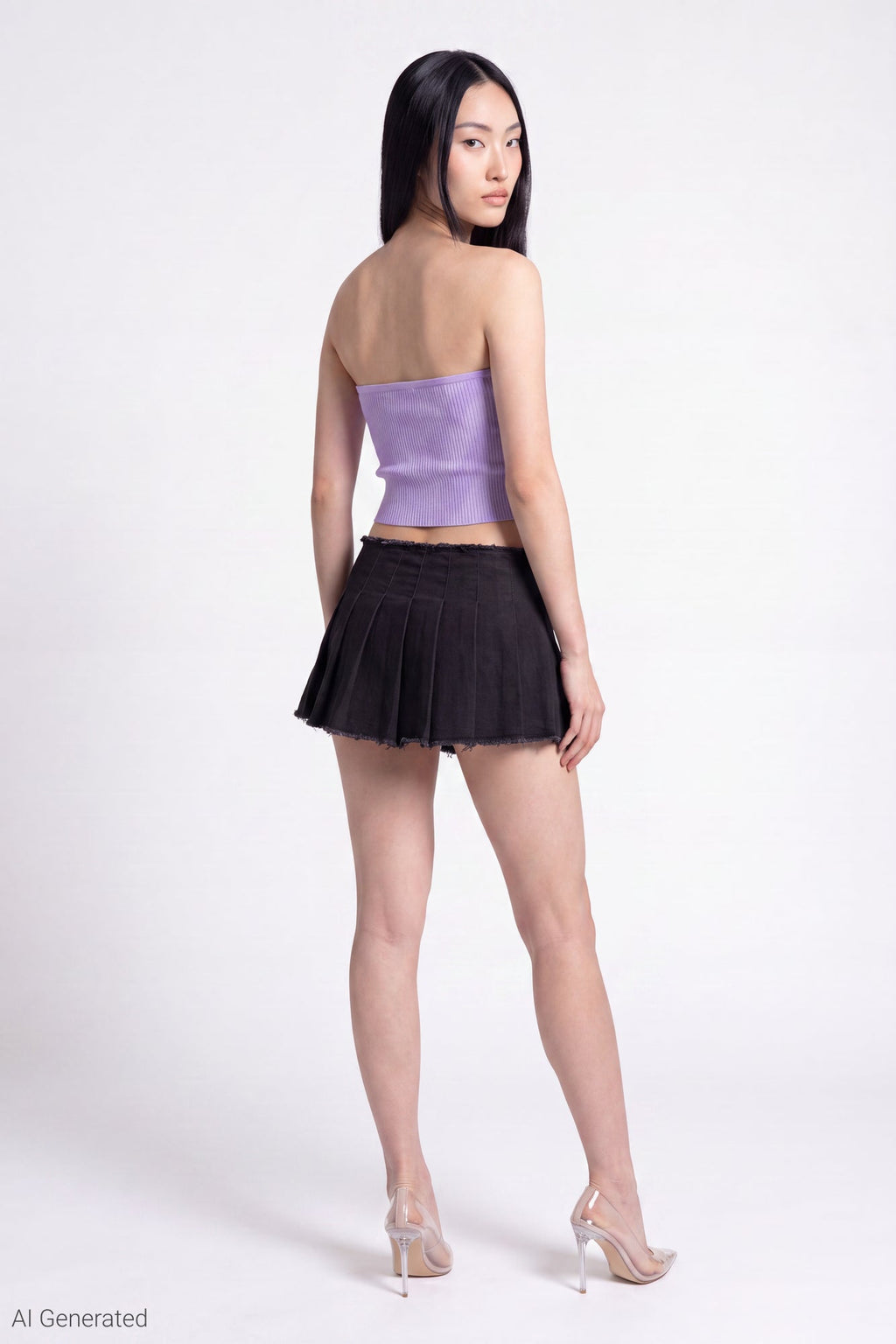 Stretch Denim Low Rise Pleated Mini Skort