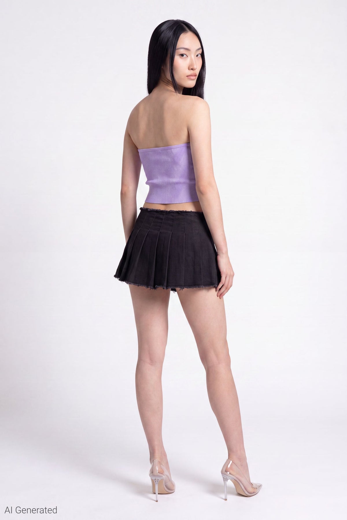 Stretch Denim Low Rise Pleated Mini Skort