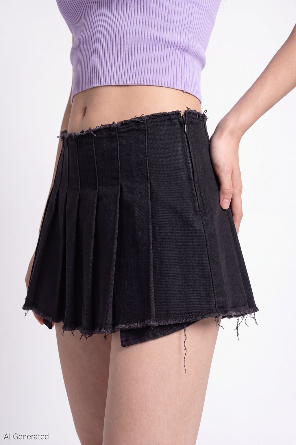 Stretch Denim Low Rise Pleated Mini Skort