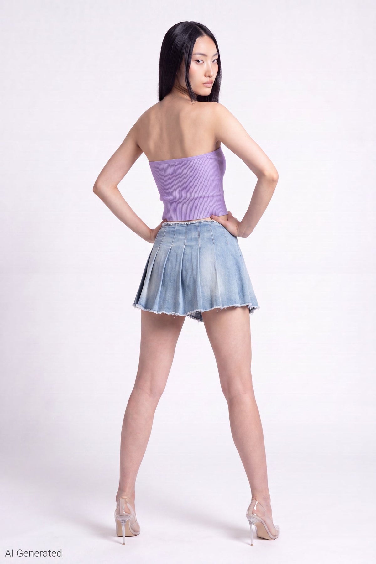 Stretch Denim Low Rise Pleated Mini Skort
