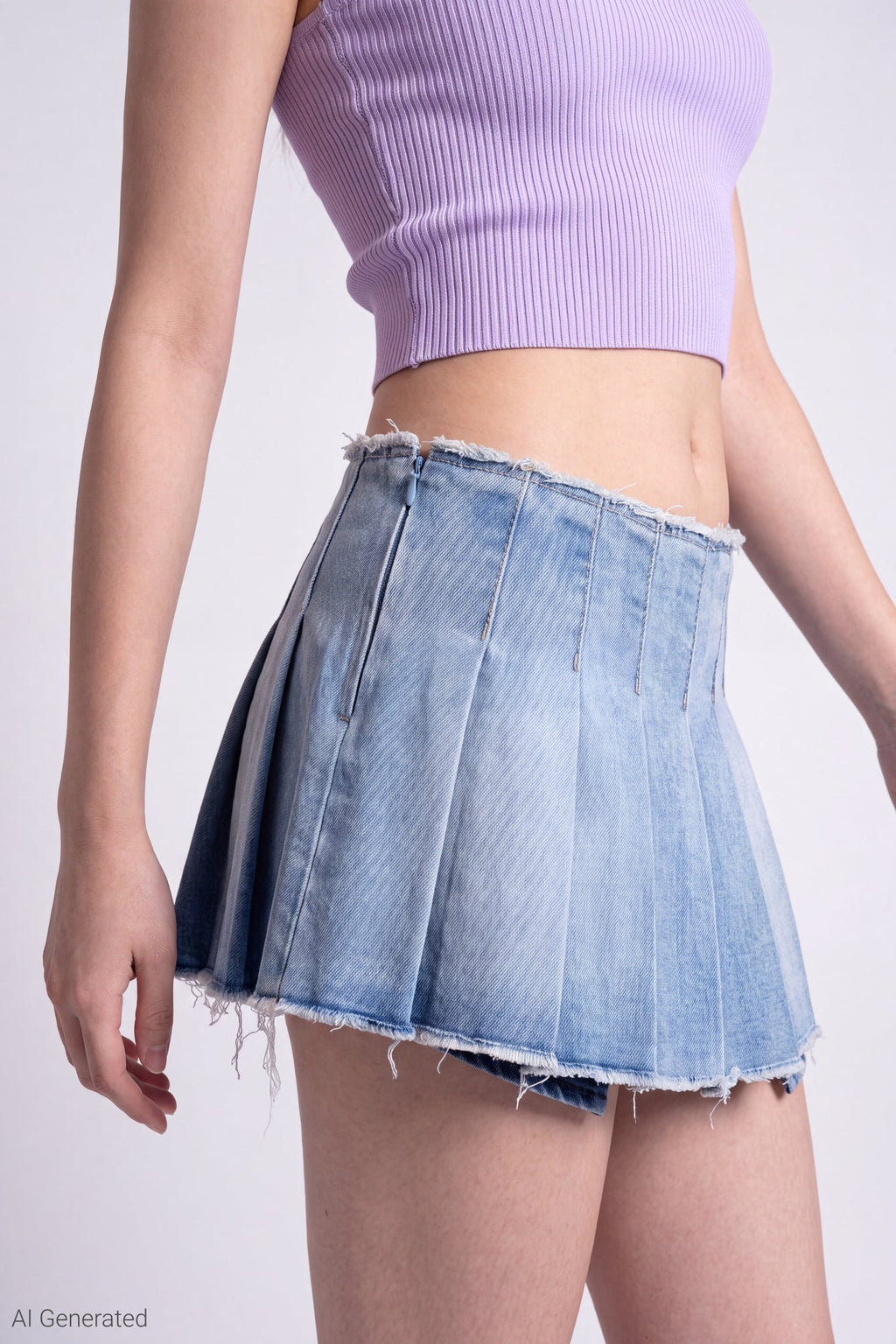 Stretch Denim Low Rise Pleated Mini Skort