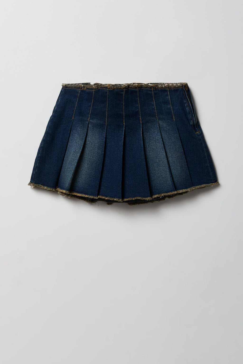 Stretch Denim Low Rise Pleated Mini Skort