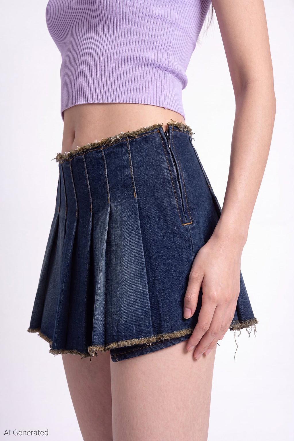 Stretch Denim Low Rise Pleated Mini Skort