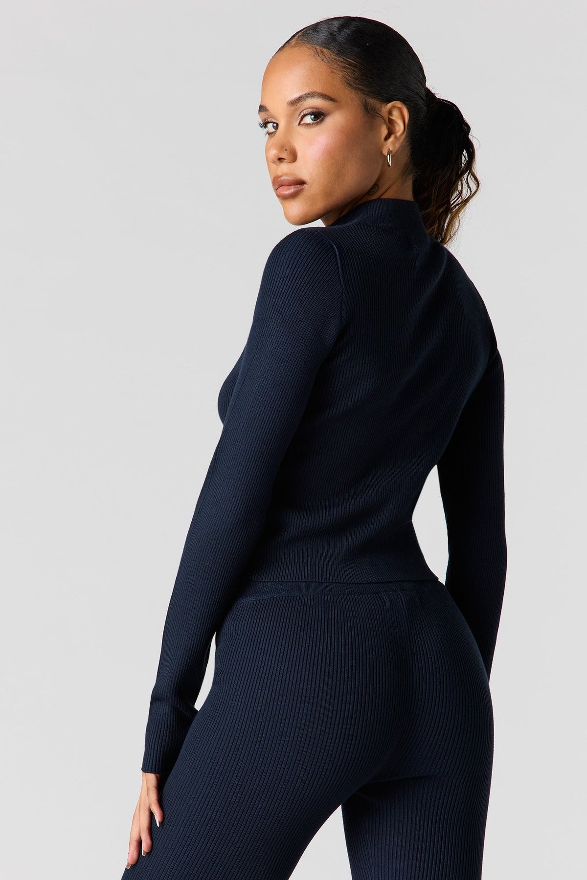 Ribbed 2-Way Zip-Up Long Sleeve Top