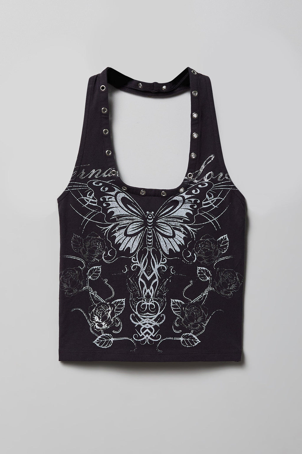 Graphic Grommet Trim Halter Top