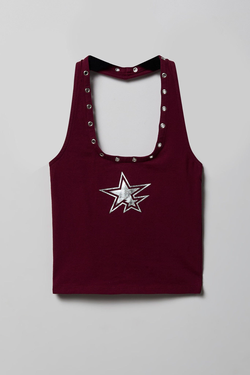 Graphic Grommet Trim Halter Top