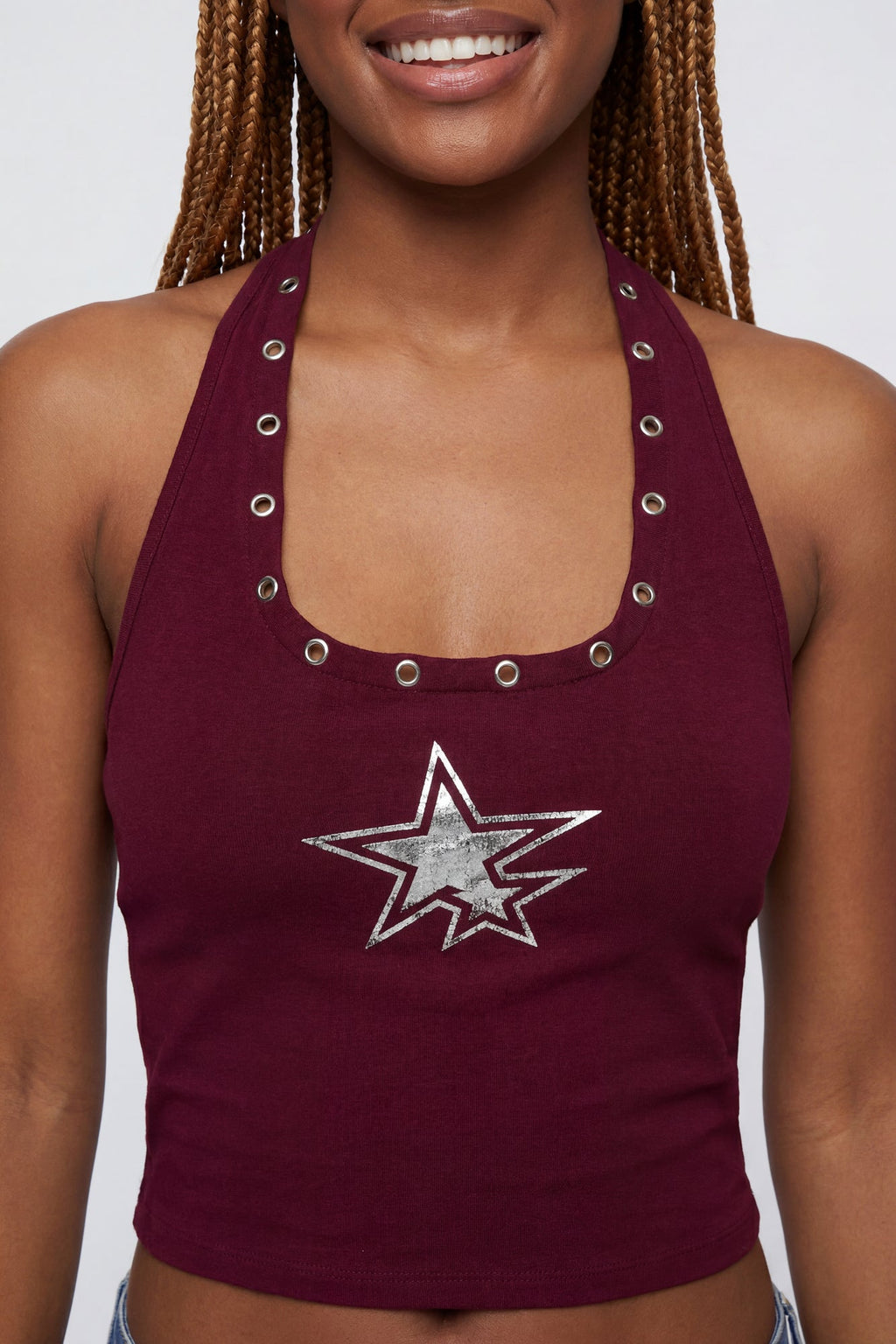 Graphic Grommet Trim Halter Top