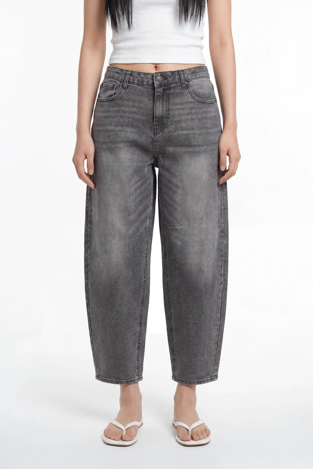 Stretch High Rise Barrel Grey Jean