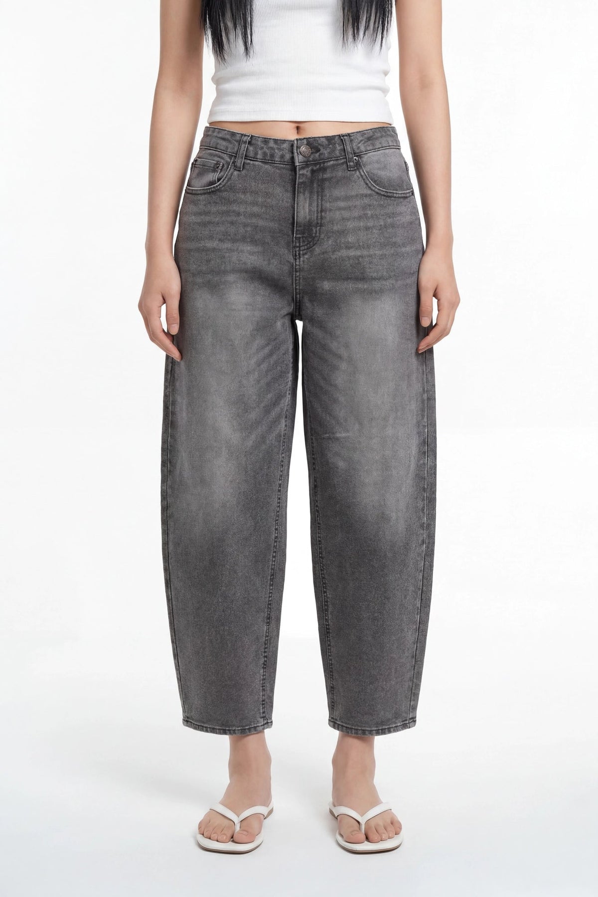Stretch High Rise Barrel Grey Jean