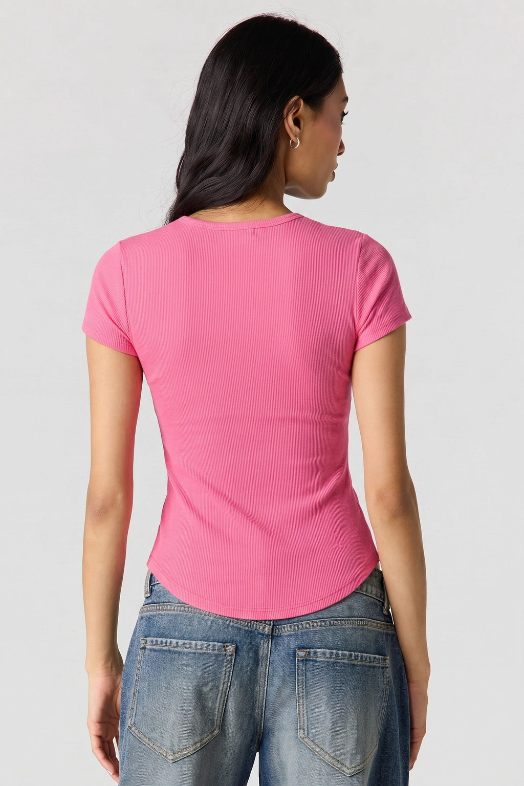 Ribbed Curved Hem T-Shirt