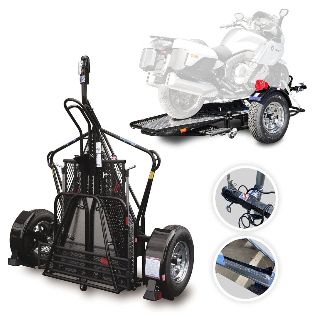 Go Series Single Rail Folding Motorcycle Trailers - Deluxe Chrome Wheels Balanced